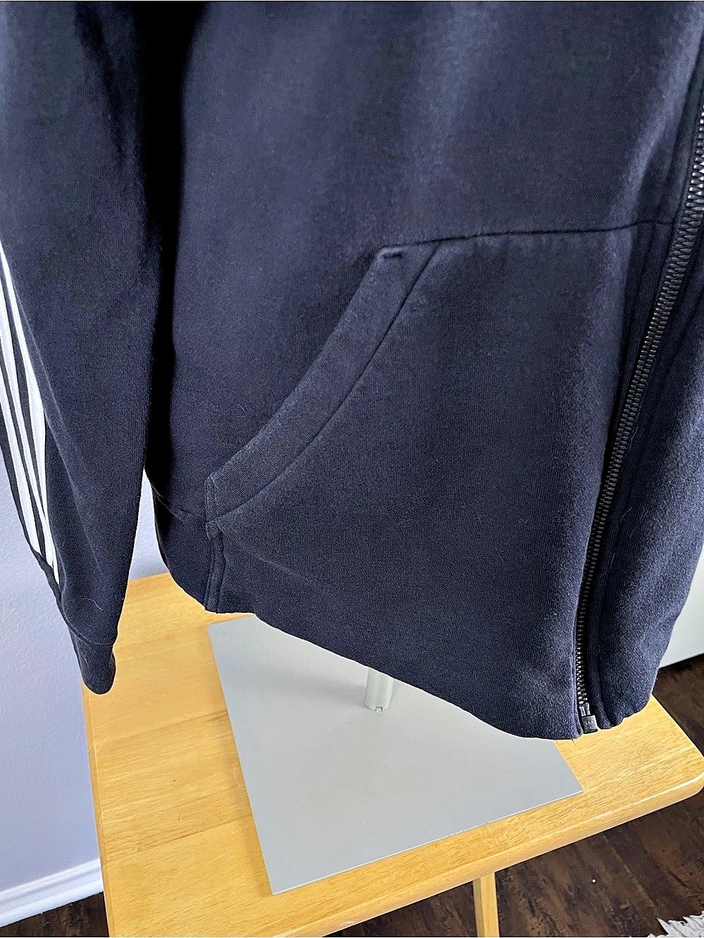 adidas Essentials Black & 3 White Stripe Full-Zip Fleece Hoodie Women's Medium - Picture 7 of 11